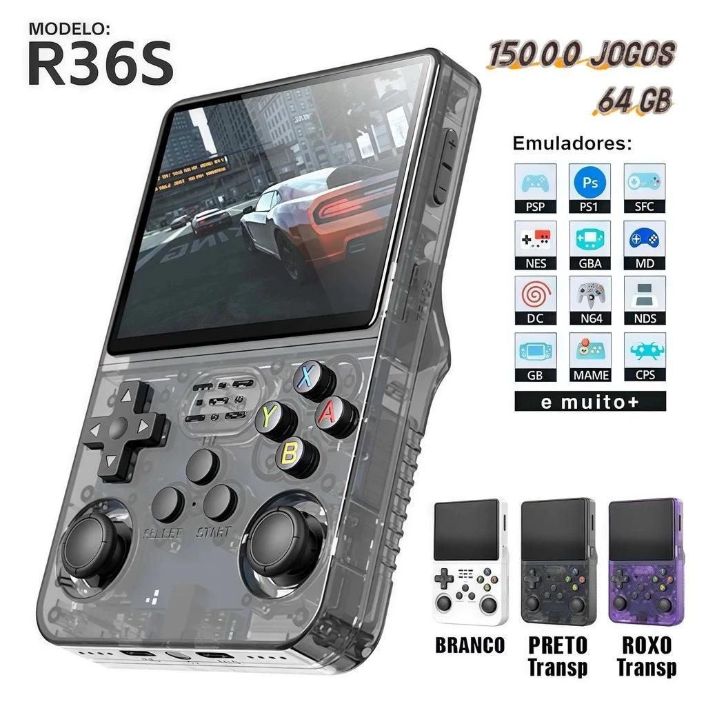 Console De Jogos Portátil Retrô R36S Pré-Carregado Com Mais De 15000 Tela IPS De 3.5 Polegadas 64/128G Cartão TF​